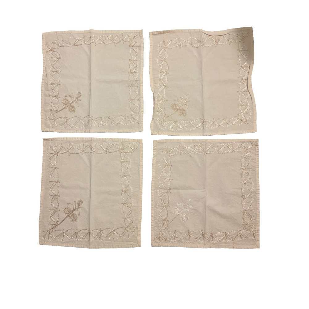 Beige,White And Gold Cotton Napkins Handmade ,14 By 13 In , Set Of 4